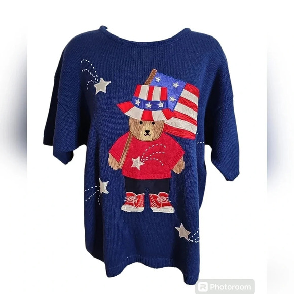 Gladys Bagley Womens Blue Patriotic Bear Sweater Size L 90s Vintage Americana - Picture 2 of 6